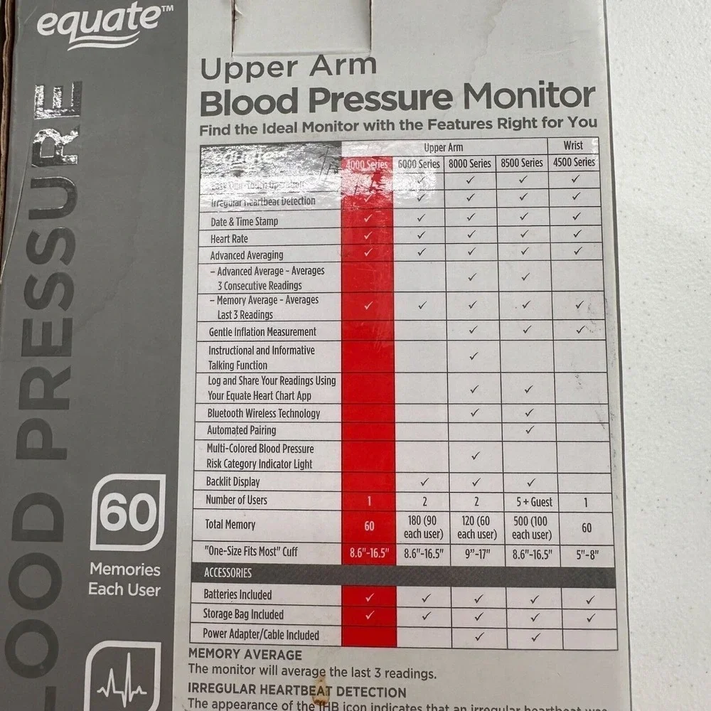 Equate 4000 Series Upper Arm Blood Pressure Monitor One-Touch Operation Wireless